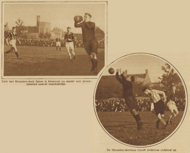 871481 Collage van 2 foto's betreffend de stadsderby voetbal Hercules-Voorwaarts, op het Hercules-terrein aan de ...